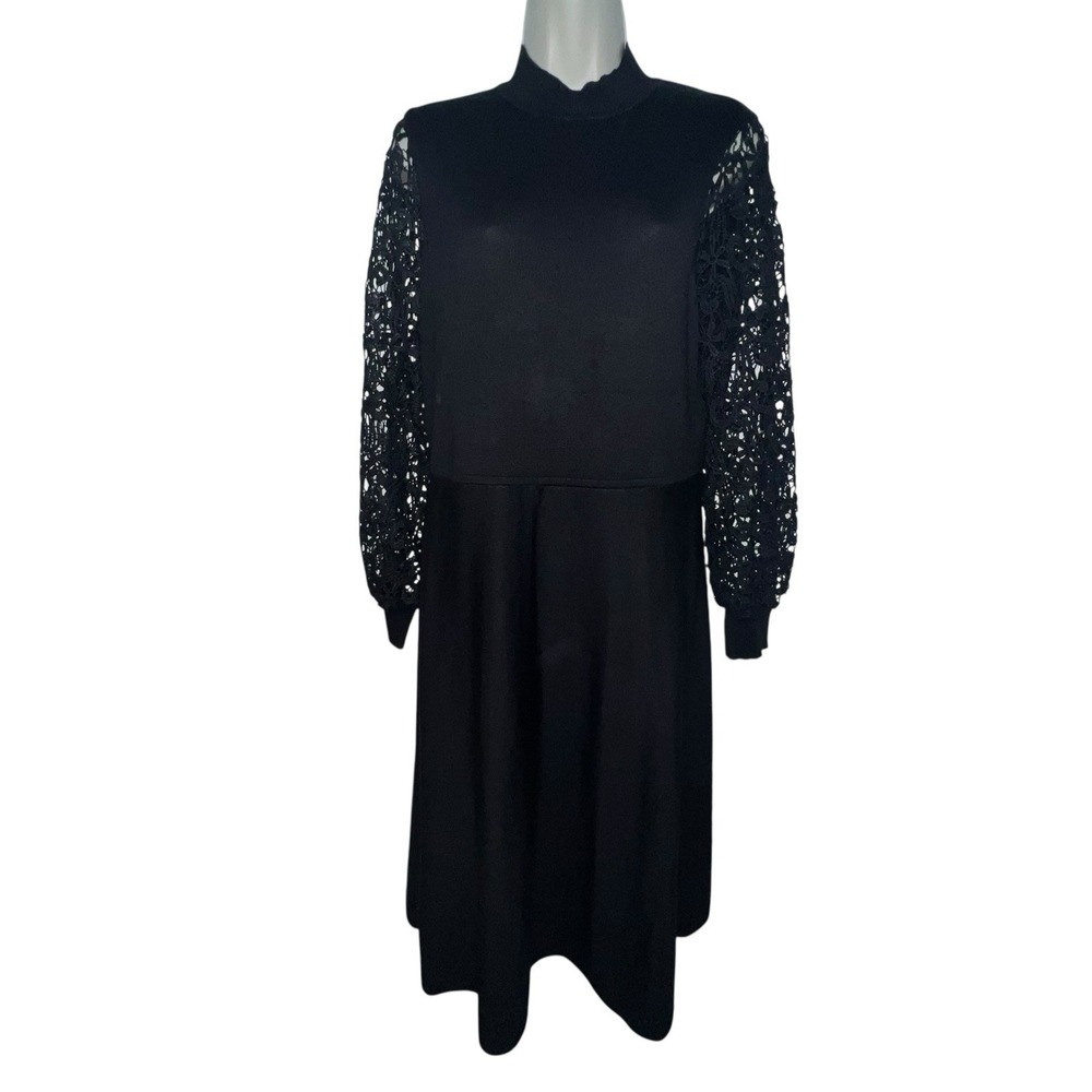 Nina Leonard Women M Black Dress High Neck Long Crochet Lace Sleeves Knee Length
